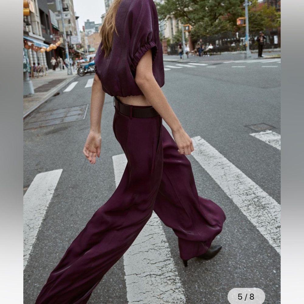 ZARA NWOT AUBERGINE Wide-Leg POCKETED HIGH WAISTED PANTS SIZE LARGE